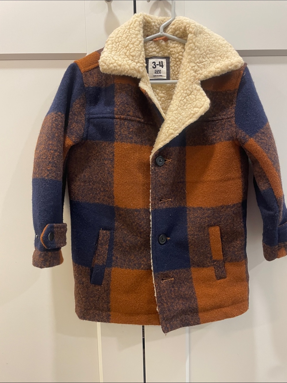 Kids Plaid Sherpa-Lined Pea Coat - Navy & Rust